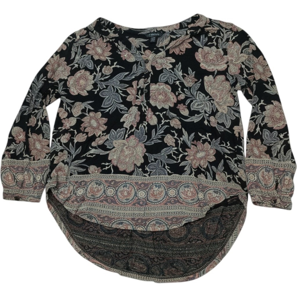 Lucky Brand Floral Paisley Tunic XS Black Boho High Low Henley Blouse